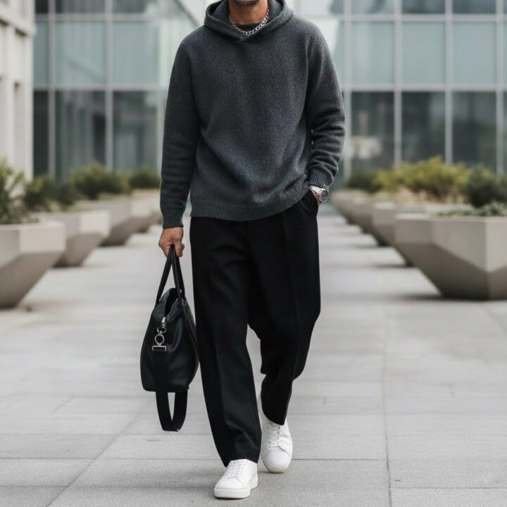 オーバーサイズのグレーのトップスと、ダボダボの黒色のパンツを着用し、黒いバッグを持った男性