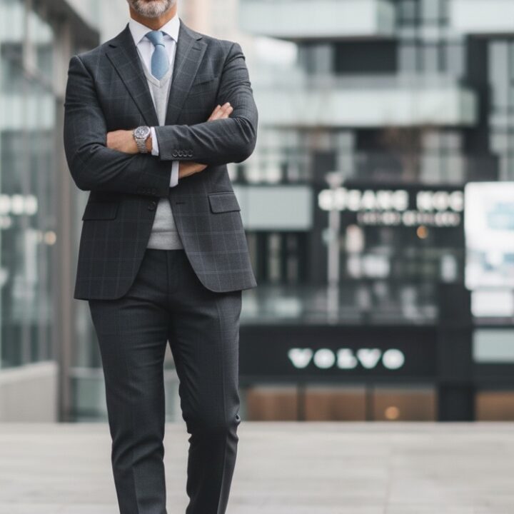 白いシャツとグレーのセーターの上に、大きめのチェック柄が入ったグレーのジャケットをはおり、グレーのパンツを着用した男性が街中にたたずんでいる