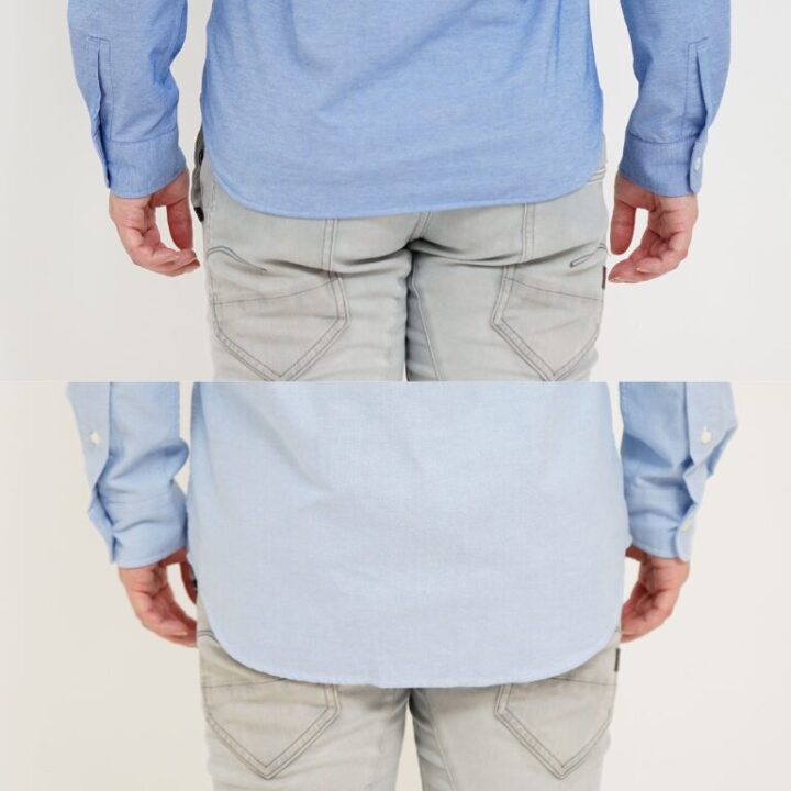 ジャストサイズのシャツを着た男性と、オーバーサイズのシャツを着用した男性について、シャツの裾の位置を比較している