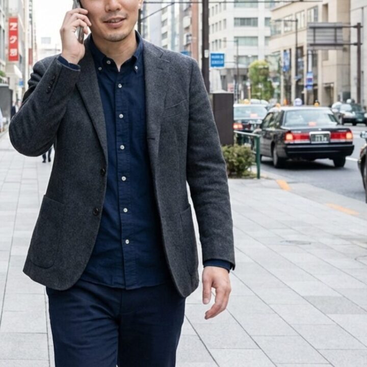 ネイビーのシャツの上にグレーのジャケットをはおった男性が、スマートフォンで電話をしながら街中を歩いている