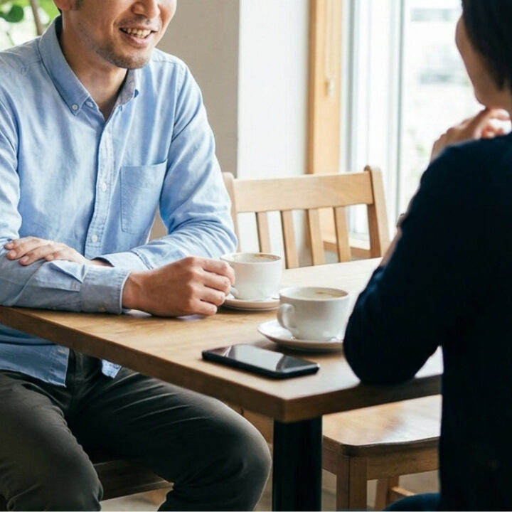 ライトブルーのシャツとグレーのパンツを着た男性が、カフェで女性と話している